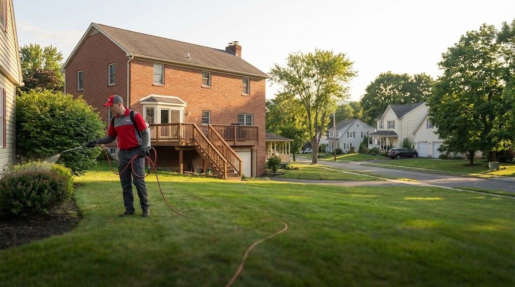 Yale Pest Control technician treating a residential property